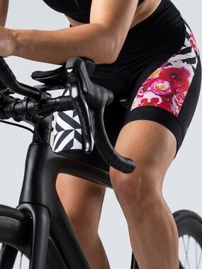 Women's She Beest Black Triathlon Cycling Shorts with Pink Floral Panels